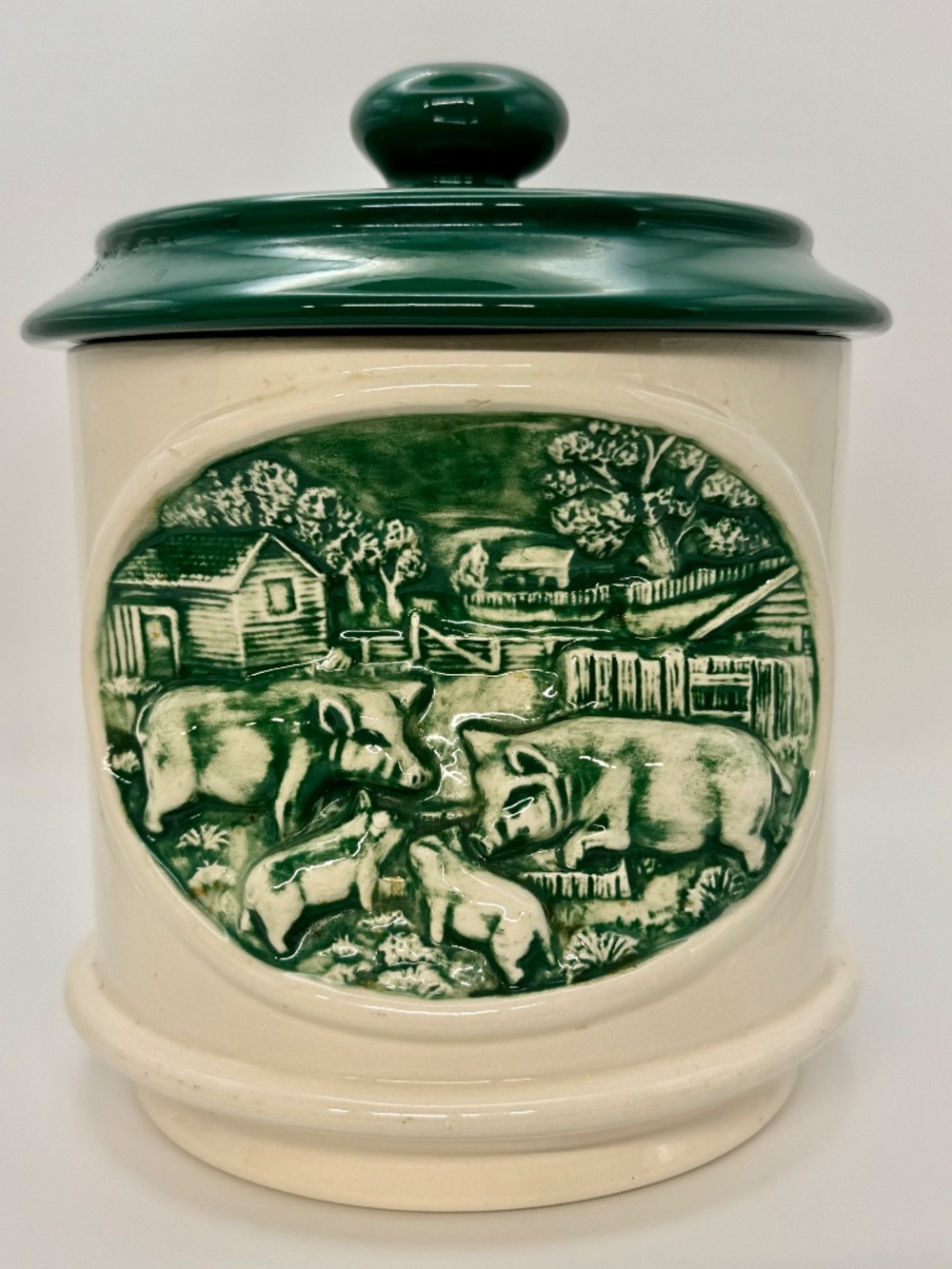 Vintage Cookie Jar Green 3D Farmhouse Scene Piglets Glazed Ceramic Cottagecore